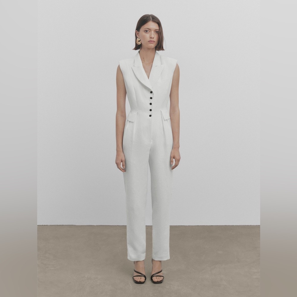 Massimo Dutti Linen Tailored Jumpsuit with Shoulder Pads Collared Sleeveless 6